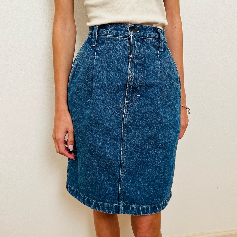 Vintage Classic Pencil Denim Skirt Front Pleated Knee Length - Picture 3 of 8